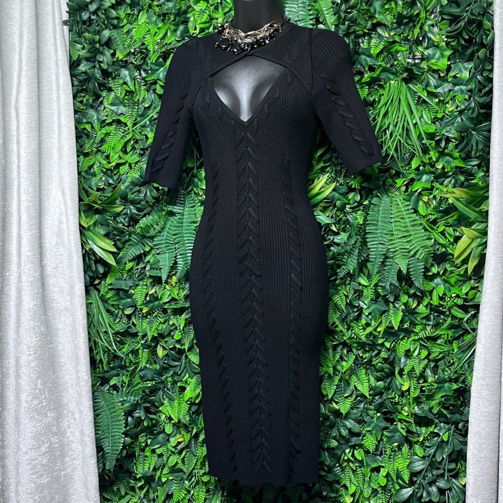 Guess Dress Small Black Ribbed Knit Cutout Bodycon Midi Cocktail 4222